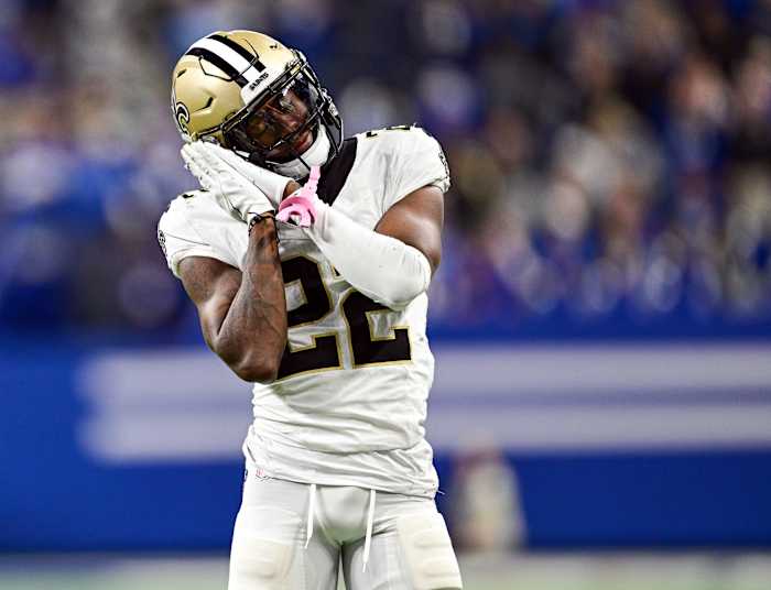 Oct 29, 2023; Indianapolis, Indiana, USA; New Orleans Saints wide receiver Rashid Shaheed (22) reacts after catching a long pass during the second half against the Indianapolis Colts at Lucas Oil Stadium.